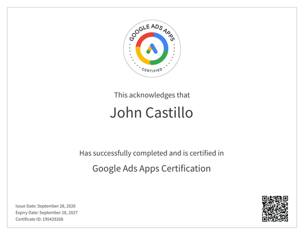 Google Ads Apps Certification certificate, issued September 28, 2026, certificate ID 195429268