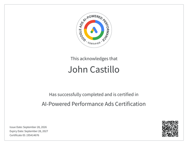 Google Ads AI-Powered Performance Ads Certification certificate, issued September 28, 2026, certificate ID 195414676