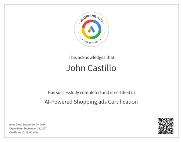Google Ads AI-Powered Shopping ads Certification certificate, issued September 28, 2026, certificate ID 195422451